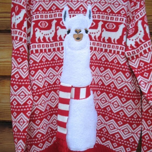 NWOT Red White Cotton Llama Ugly Christmas Sweater - Picture 3 of 7